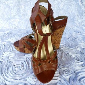 Guess Brown Leather T-Strap Platform Cork Wedge Strappy Shoes Women's Size 6.5 M